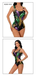 Maillot de bain une pièce sexy pour femme avec imprimé de plumes pailletées violet vert or.