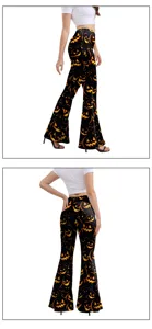 Pantalon patte d'eph imprimé citrouille Halloween femme, taille haute élastique slim.