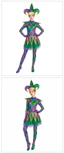 Stunning green and purple diamond jester cosplay costume bodysuit with hat for carnival.