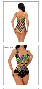 Style carnaval violet vert or plumes imprime sans manches col U maillot de bain sexy.