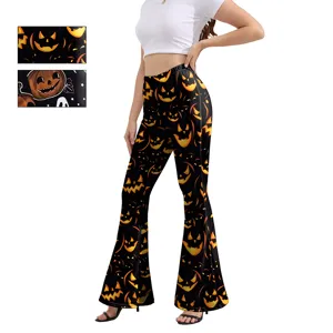 Pantalon Évasé Halloween pour Femmes Imprimé Citrouille Fantôme Taille Haute Coupe Slim Extensible Pantalon Décontracté Streetwear