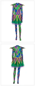 Detailed view of the vibrant green and purple harlequin diamond pattern with gold trim.