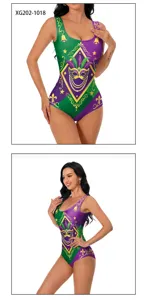 Mardi Gras carnaval violet vert or plume imprime sans manches col U maillot de bain une piece