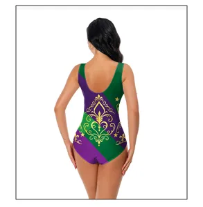 Détail vue dos maillot de bain femme carnaval impression or body sans manches chic.