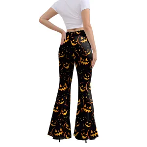Femme Halloween citrouille imprimé taille haute slim extensible pantalon evase principal