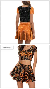Halloween femme ensemble deux pièces crop top et jupe plissée costume de fête orange noir