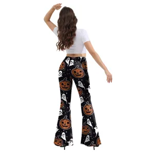 Pantalon évasé femme Halloween imprimé citrouille taille haute slim stretch élégant