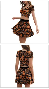 Ensemble haut court imprimé Halloween et mini-jupe plissée de fête détails costume.