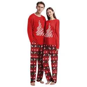 Nordic Style Polyester Printed Christmas Lounge Pajama Sets Top And Bottom For Couple Round Neck Long Sleeve Homewear Red Loungewear