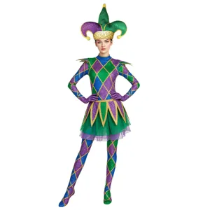 Women's Carnival Jester Jumpsuit Harlequin Rhombus Pattern Green Purple Cosplay Costume Top And Bottom Stage Performance