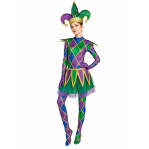 Carnival green purple argyle jester costume set with matching hat and gloves main view