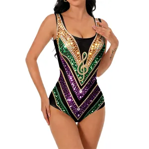 Femme Carnaval Maillot de Bain Une Pièce Sans Manches Col V Paillettes Body Plage Mode