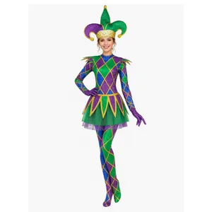 Green purple diamond harlequin jester costume set for women carnival cosplay jumpsuit