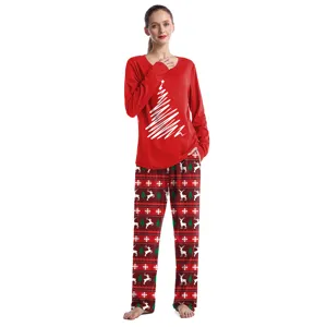 Christmas couple pajama set, women long sleeve red top and festive print pants for winter.