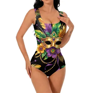 Maillot de bain une pièce imprimé plumes de carnaval, body sans manches sexy col U