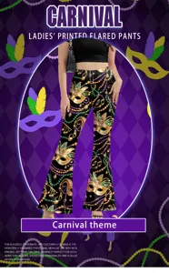 Carnival themed women's high-waisted printed flared pants detail view, stylish festival look.