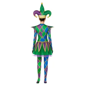 Carnival Green Purple Diamond Jester Bodysuit Cosplay Costume Festival Outfit Set