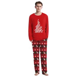 Christmas couple loungewear pajama set long sleeve red top and festive patterned pants