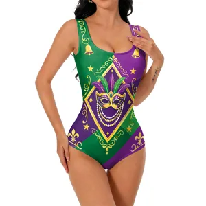 Maillot de Bain 1 Pièce Carnaval Sans Manches U-Col Violet Vert Or Plume Imprimé