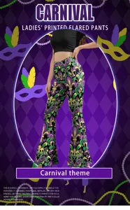 Vue détaillée du pantalon évasé à motif de lys, style carnaval, coupe ajustée.