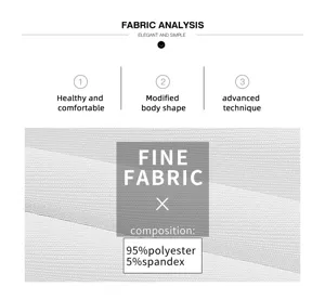 Fabric detail closeup showing 95% polyester 5% spandex blend texture and key features.