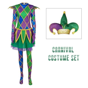 Carnival green purple argyle jester costume set with matching hat cosplay jumpsuit.