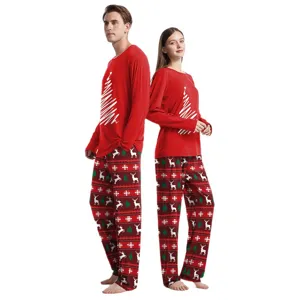 Christmas couple pajama set red long sleeve top and deer pattern lounge pants main view