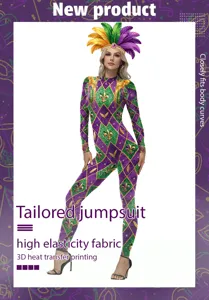 Detailed view of the stretchy harlequin carnival jumpsuit with 3D thermal printing.