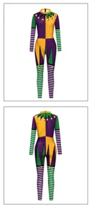 Mardi Gras jester carnival costume purple green gold diamond print long sleeve jumpsuit