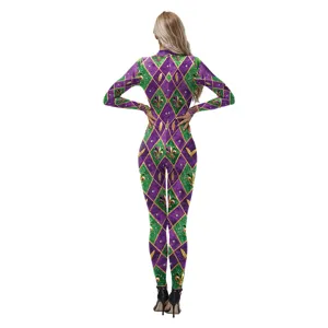 Women's Mardi Gras Carnival Jumpsuit Purple Green Gold Diamond Print Bodysuit Costume