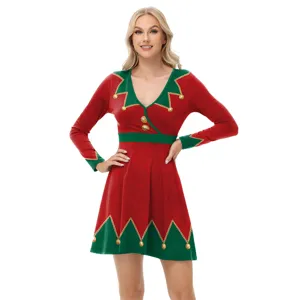 Costume de lutin de Noël pour femme col V manches longues rouge vert robe principale