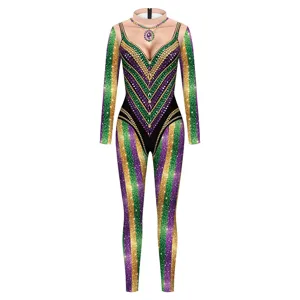 Mardi Gras carnival performance long sleeve jumpsuit purple green gold rhinestone print