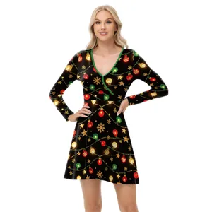 Femme Noël manches longues col en V robe de fête costume de vacances noir robe élégante