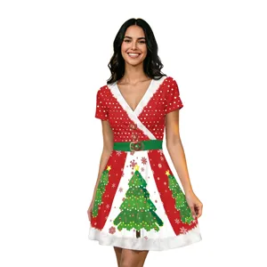 Mujer vestido corto estampado Navidad cuello V manga corta fiesta estilo elegante chic