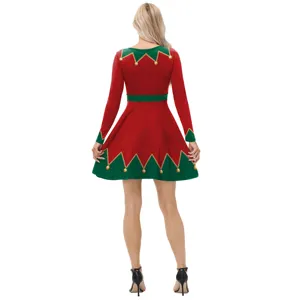 Robe de costume de lutin de Noël pour femme, rouge et vert manches longues col en V.
