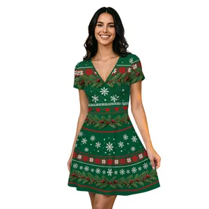 Robe de Noël col V manches courtes trapèze avec imprimé numérique flocon de neige.