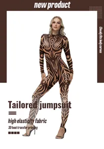 Stammes-Totem-Tattoo-Druck langarm schmal geschnittener Jumpsuit für Bühnenshows.