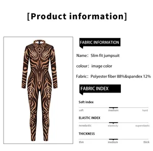Tribal-Totem-Print figurbetonter Jumpsuit Detail, Polyester-Elastan-Stoff, elastisch und schick.