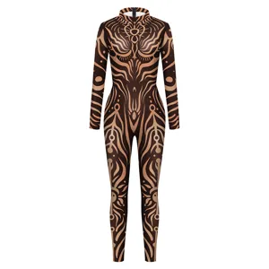 Damen Tribal Tattoo Print Langarm Body elastische schmale Passform für Bühnenshow