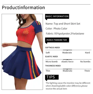 Spanje voetbal jersey crop top en korte rok set, stijlvolle polyester elastaan sportoutfit.