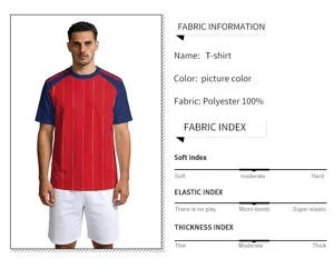 Detaillierte Ansicht des Fußballtrikot-Gewebes und der Produktmaterial-Informationsindex-Tabelle.