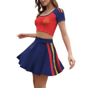 Vrouwen Spanje Voetbal Team Crop Top en Plooirok Cheerleader Kostuum Outfit Full Set