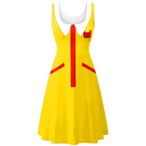 Women's yellow themed cosplay dress with white collar and french fries pocket for party