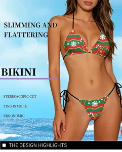 Detail of the Christmas printed bikini featuring halter neck and festive snowflake patterns.