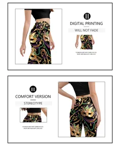 Detail view of carnival mask print flare pants, featuring stretchy slim fit and long leg design.