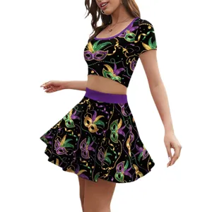 Ensemble deux pièces crop top et jupe plissée imprimé masque Mardi Gras fête
