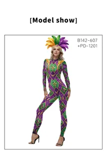 Mardi Gras purple green gold argyle print jumpsuit with feather headpiece carnival costume