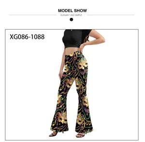 Women's High Waist Flared Pants Mardi Gras Mask Print Slim Fit Casual Long Trousers