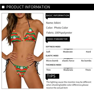 Christmas style women bikini set featuring festive snowflake and stripe print, halter neck design.
