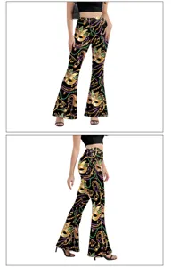 Carnival party stage mask digital print high waist flare pants, slim fit stretch bell-bottoms.